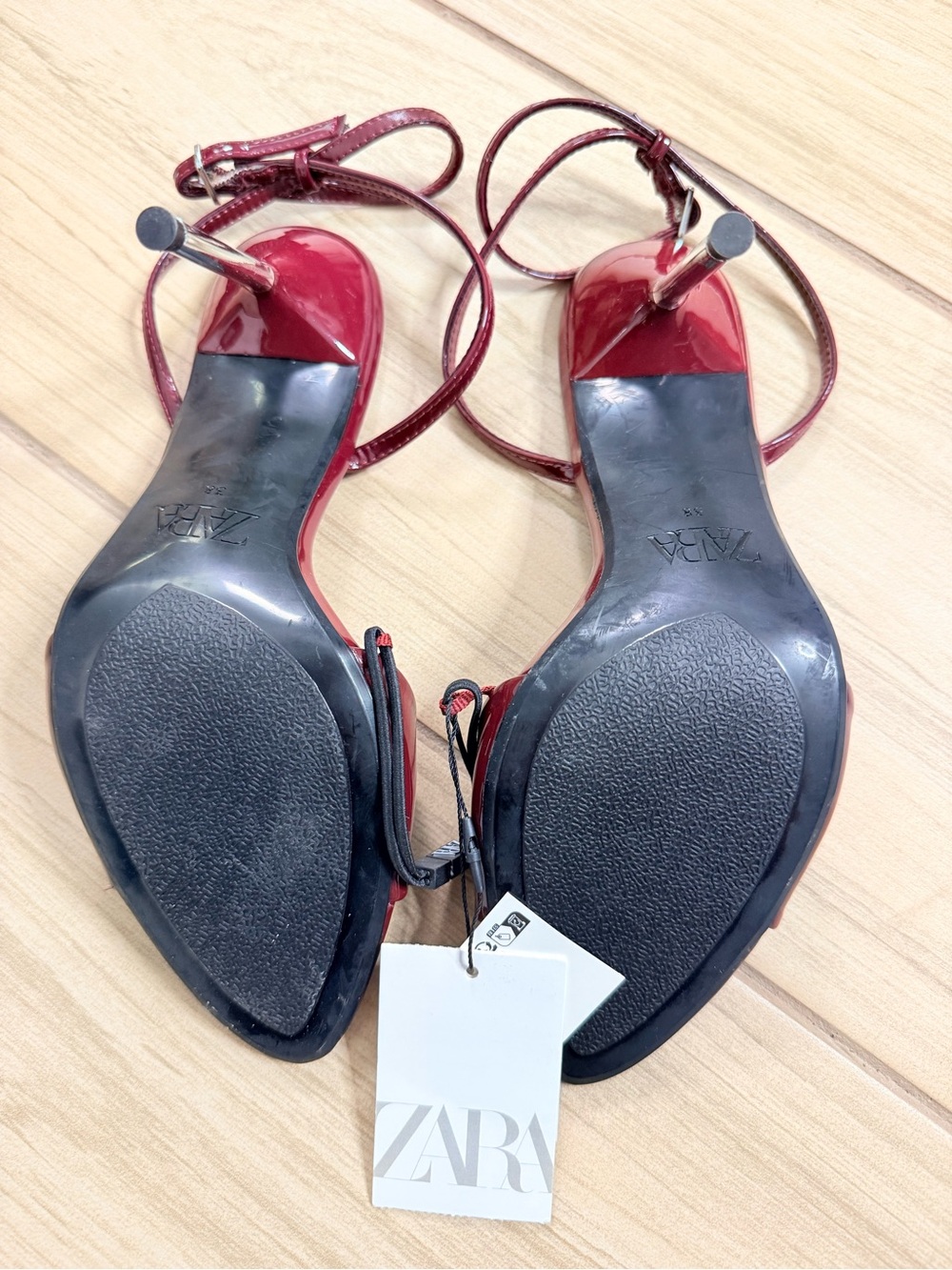 ZARA Patent Effect Burgundy High Heel Sandals Metallic Stiletto EU 38 US 7.5 NWT - Picture 4 of 5